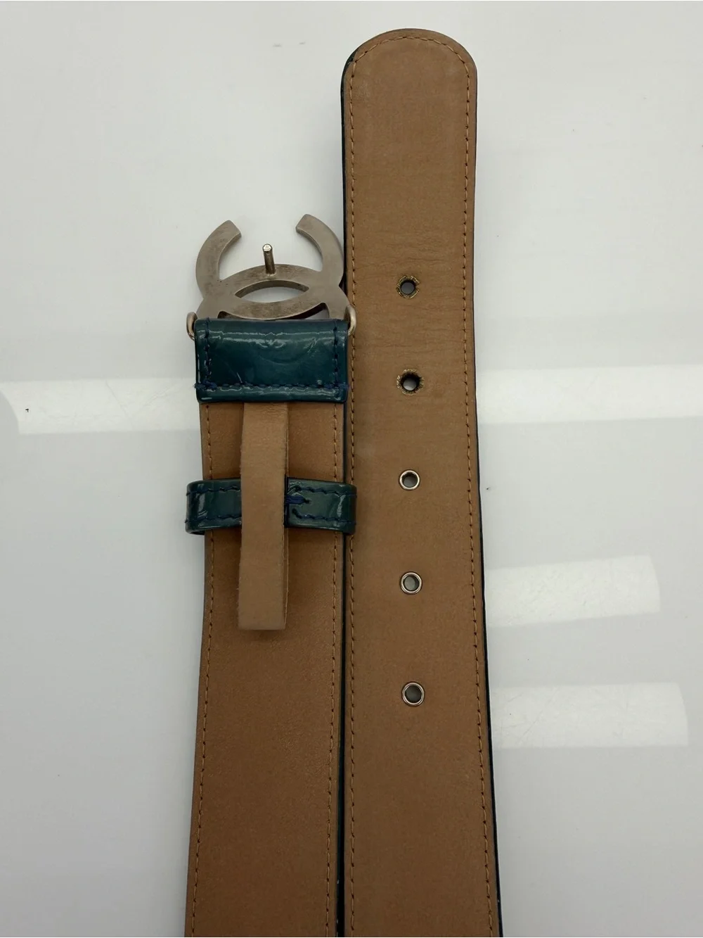 Chanel Teal Patent Leather Camellia Embossed Belt with Interlocking CC Buckle
